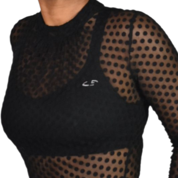 Windsor Sheer Bodysuit Black Flocked Polka Dot Mock Mesh Neck Long Sleeves Small - Picture 11 of 15